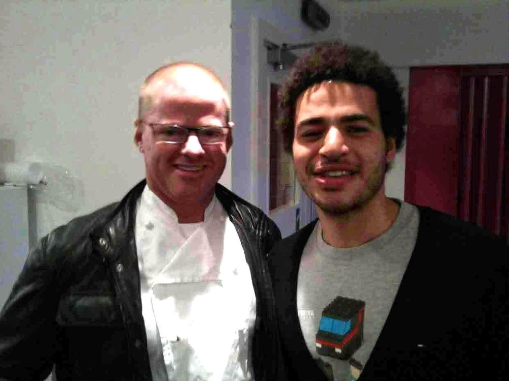 Mo with Heston Blumenthal, who wears a black jacket over his chef’s whites.