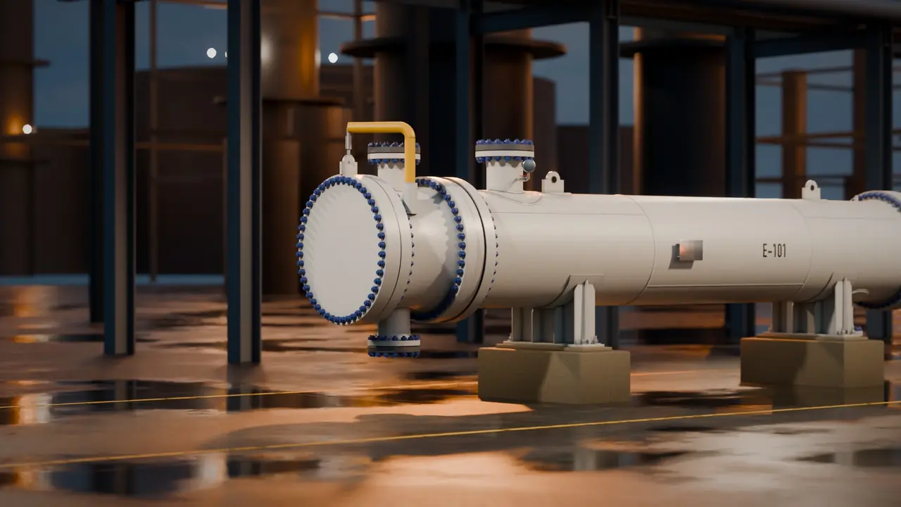 Exchanger E-101 on concrete piers at night, still from the 3D film