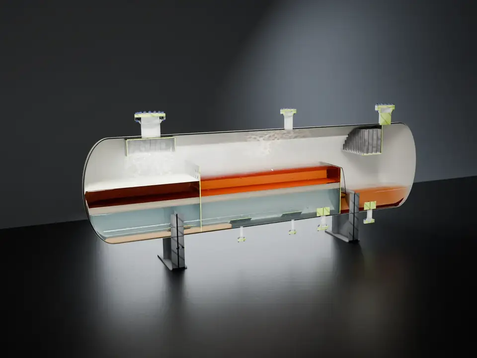 Three-phase separator cut in half showing oil and water layers