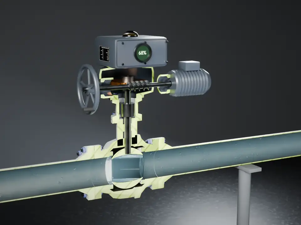 Cutaway ball valve with an electric part-turn actuator and handwheel