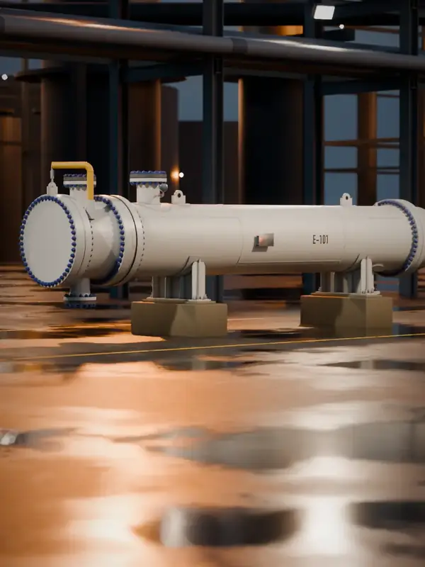 Shell and tube heat exchanger E-101 on its saddles at night, rendered in 3D