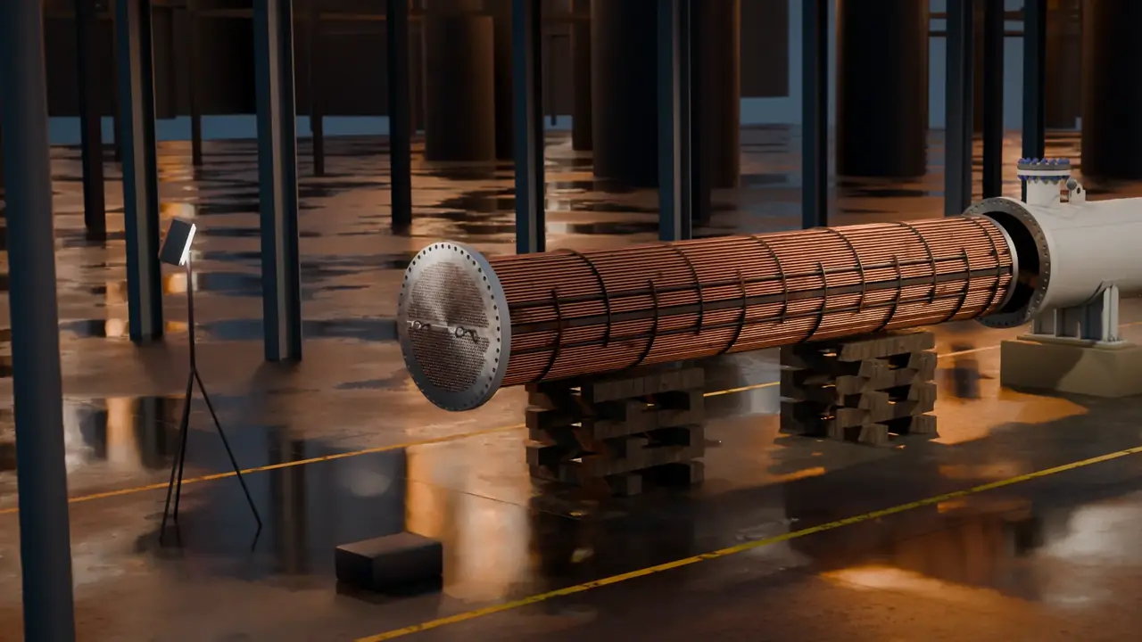 A copper-nickel tube bundle drawn out of shell and tube exchanger E-101 onto timber cribs, at night, rendered in 3D