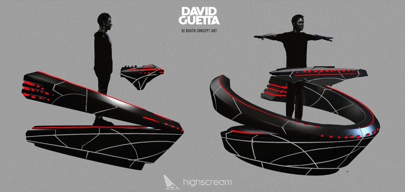 The DJ booth concept for David Guetta’s show in PRISM, with High Scream
