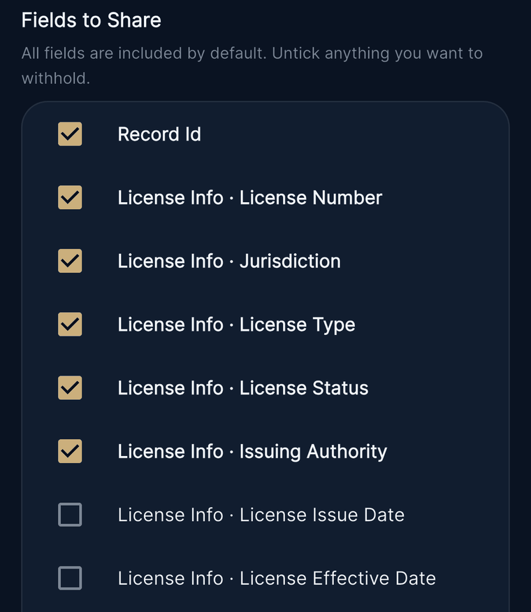 The app’s share screen, headed Fields to Share: All fields are included by default. Untick anything you want to withhold. Six licence fields are ticked; the issue date and effective date are unticked.