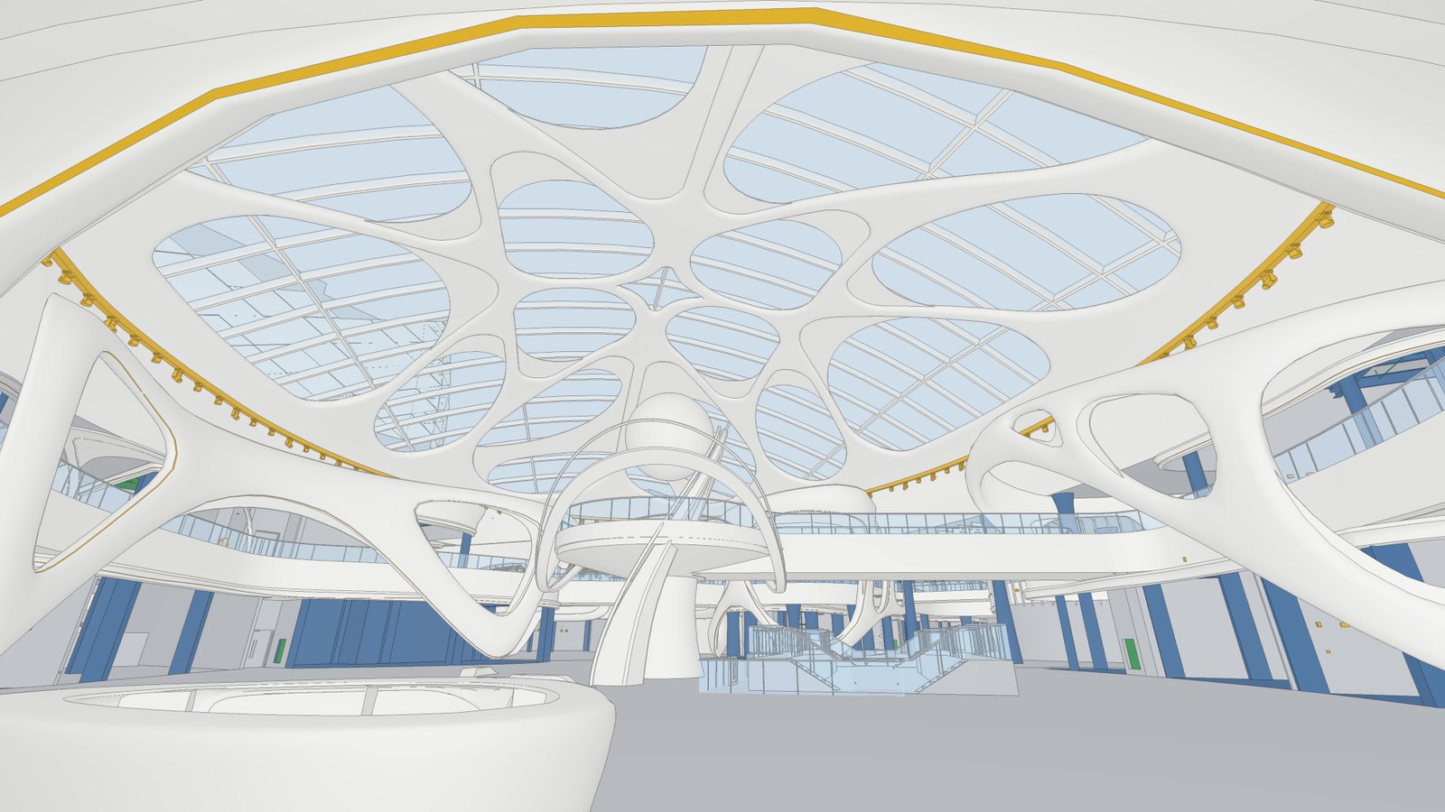 Construction model of the atrium: flat-shaded BIM, structure in blue, lighting in yellow.