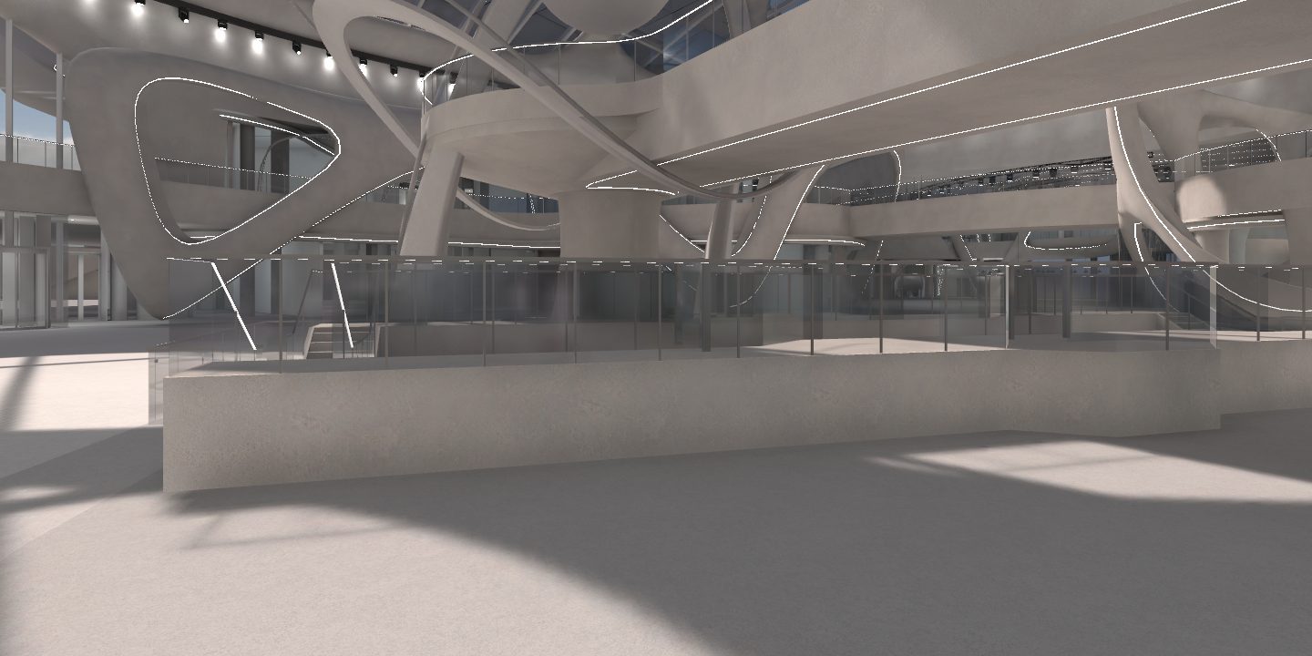 The atrium by day, with glass balustrades and the canopy overhead