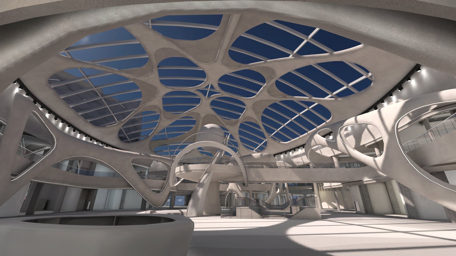 Real-time build of the atrium in Unity, in daylight.