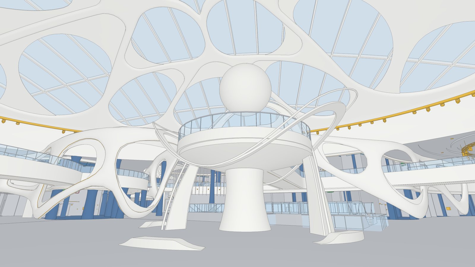 SEVEN’s construction model of the Al Hamra atrium: the sphere and spiral ribbons in flat white, under a pale glass roof.