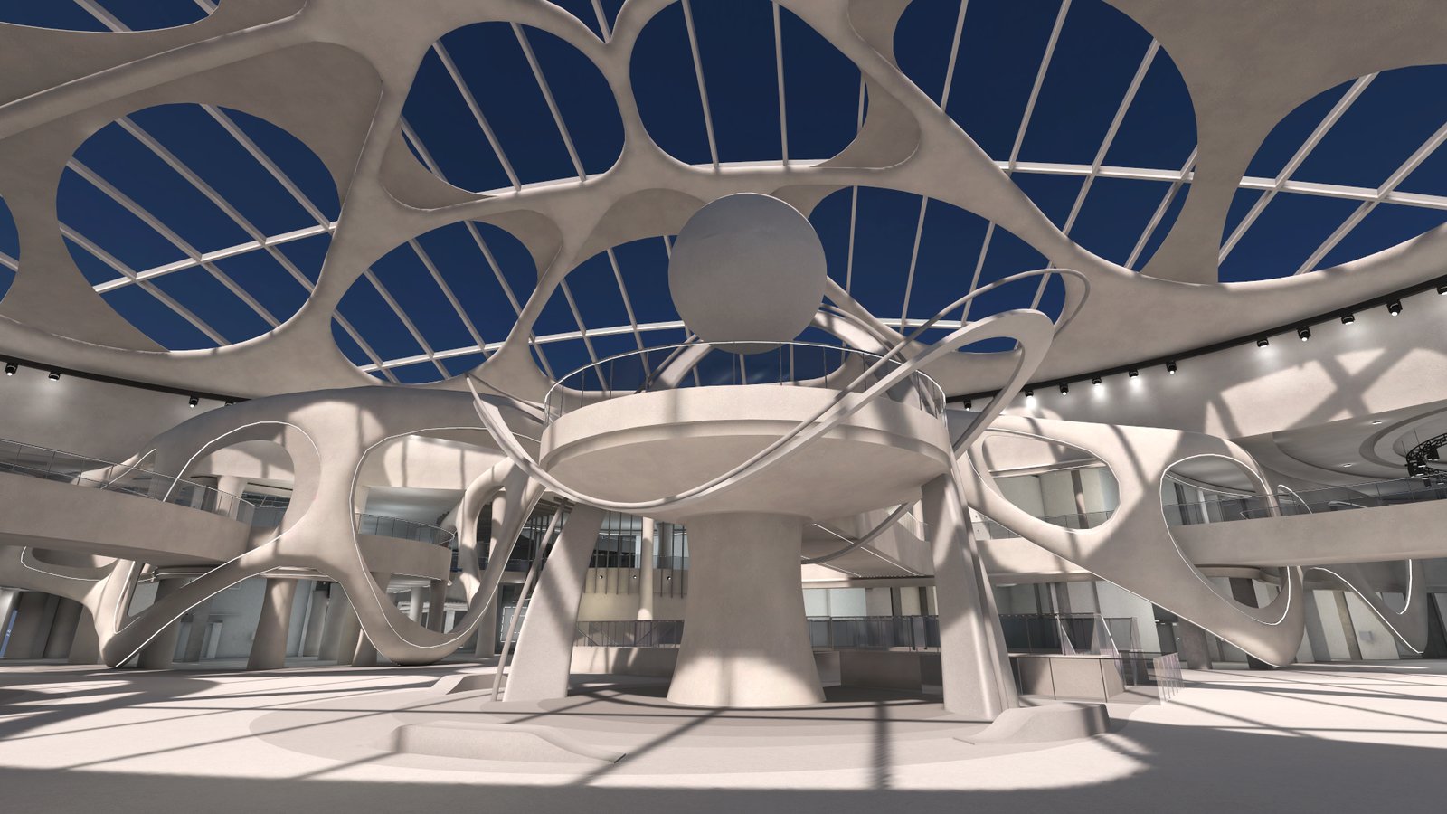 The same view in the real-time build: sunlit concrete and shadows under a deep blue sky.