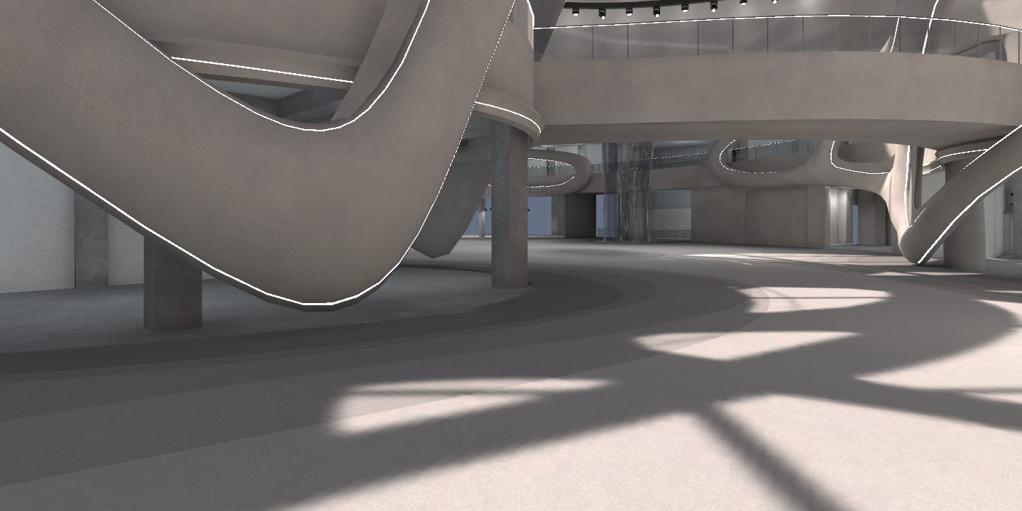 The ground floor of SEVEN Al Hamra in the browser version: curving white walkways, columns and sunlight on the floor