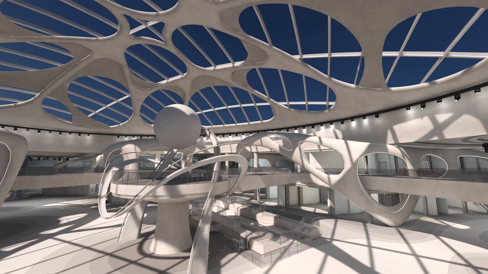 The same atrium rendered with daylight, walkable in a web browser